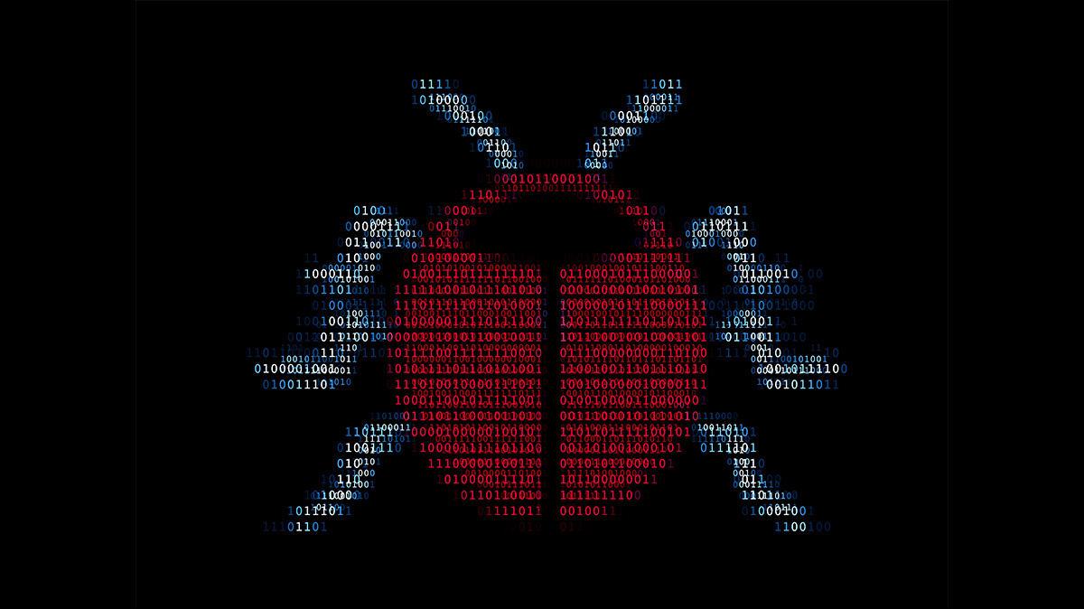 Bug bounty - red bug in binary code against black background